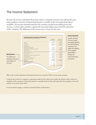 The Income Statement

Because the income statement shows how much a company earned or lost during the year,
many analysts, investors and potential investors consider it the most important report
available. An income statement matches the revenues earned from selling goods and
services, or from other activities, against all costs and outlays incurred in the operation
of the company. The difference is the net income (or loss) for the year.


                                                                                                                Costs Incurred
                          CONSOLIDATED INCOME STATEMENTS
                          (Dollars in Thousands, Except Per-Share Amounts)
                                                                                Year Ended       Year Ended
                                                                                                                Usually consists
                                                                              December 31      December 31
                                                                                                                of cost of sales
                                                                                      2004             2003

                          Net sales                                             $765,050         $725,000       and selling, general
                          Cost of sales                                             535,000        517,000
                          Gross margin                                              230,050        208,000
                                                                                                                and administrative
                          Operating expenses:
                                                                                                                expenses (e.g.,
                          Depreciation and amortization                              28,050          25,000
                          Selling, general and administrative expenses               96,804        109,500      wages and salaries,
                          Operating income                                        105,196            73,500

                          Other income (expense):
                                                                                                                rent, supplies,
                          Dividend and interest income                                5,250          10,000     depreciation,
Net Income                Interest expense
                          Income before income taxes and extraordinary loss
                                                                                    (16,250)
                                                                                     94,196
                                                                                                     (16,750)
                                                                                                     66,750     interest on
                          Income tax expense                                         41,446          26,250
The difference            Income before extraordinary loss                           52,750          40,500
                                                                                                                money borrowed,
between revenues          Extraordinary items, net of tax                            (5,000)              —     and taxes).
                          Net Income                                            $ 47,750         $ 40,500
and outlays for           Earnings Per Common Share

the year.                 Before extraordinary loss                             $      3.55      $      2.77

                          Extraordinary loss                                           (.34)              —
                          Net Income Per Common Share                           $      3.21      $      2.77




Why is the income statement of such great interest to investors? There are two main reasons:

It shows the record of a company’s operating results for the whole year (unlike the balance sheet, which is a
snapshot of the company’s ﬁnancial position at a speciﬁc point in time, showing what the company owns and
what it owes at the report date).

It can be used to gauge a company’s potential future performance.




                                                                                                                             page 22
 