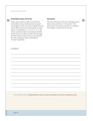 The Income Statement




     Extraordinary Items, Net of Tax                             Net Income
11                                                                                                                      12
     Under usual conditions, ABC’s income before                 The sum of all income and costs, including extraor-
     extraordinary losses would represent its actual             dinary items, is known as “net income”—the
     income ﬁgure for the year. In the example, however,         bottom line. If net income for the year is negative,
     one of ABC’s factories was destroyed by an earth-           the company records a loss for the year.
     quake—constituting an extraordinary item. The
     income statement isolates such unusual and infre-
     quent events, net of their tax effect. The earnings-
     per-share impact of such events is also separated
     from the earnings per share attributable to
     “normal” operations.




     notes:




         Extraordinary Items Nonoperating items that are unusual and infrequent, and that are not expected to recur.




         page 26
 