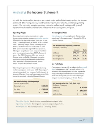 Analyzing the Income Statement

As with the balance sheet, investors use certain ratios and calculations to analyze the income
statement. These comparisons provide detailed information about a company’s operating
results. The operating margin, operating cost ratio and net proﬁt ratio provide general
information about the company and help investors assess its future prospects.

Operating Margin                                          Operating Cost Ratio
By comparing operating income to net sales,               Operating cost ratio complements the operating
investors determine the company’s operating margin.       margin and reﬂects a company’s ﬁnancial health in
Changes in the operating margin from year to year         a similar fashion.
reﬂect a company’s ﬁnancial health. In the example,
ABC’s operating margin for the current year was
                                                           ABC Manufacturing: Operating Cost Ratio
13.8%. In other words, for each dollar of sales,
                                                           (Dollars in Thousands)
13.8 cents remained as a proﬁt from operations.
                                                                                             Amount        Ratio
This ﬁgure is signiﬁcant when compared with the
prior year’s operating margin of 10%, because it           Net Sales                       $765,050      100.0%
shows that ABC’s business didn’t just grow, it             Operating Costs                 $659,854       86.2%
became more proﬁtable. Changes in operating
margin not only show changes in proﬁtability:              Operating Income                $105,196       13.8%
They also reﬂect changes in volume, product
line(s) or types of customers served.                     Net Profit Ratio

Operating margins can also be compared among              Comparing net income with net sales yields the net proﬁt
multiple companies in the same ﬁeld. If a company’s       ratio. In the example, ABC’s net proﬁt ratio of 6.2%
operating margin is low compared with others, it is       means that the company earned 6.2 cents in proﬁt for
an unhealthy sign. Conversely, a comparatively high       every dollar of goods sold. Investors compare the net
operating margin is a signal of ﬁnancial health.          proﬁt ratio from year to year and from company to
                                                          company to evaluate progress, or the lack thereof.

 ABC Manufacturing: Operating Margin
 (Dollars in Thousands)                                    ABC Manufacturing: Net Profit Ratio 2004
                                                           (Dollars in Thousands)
 Operating Income                         $105,196
                                                           Net Income                                 $ 47,750
 Net Sales                            ÷   $765,050
                                                           Net Sales                              ÷   $765,050
 Operating Margin                     =       13.8%
                                                           Net Profit Ratio                       =         6.2%



    Operating Margin Operating income expressed as a percentage of sales.
    Operating Cost Ratio Operating costs expressed as a percentage of sales.
    Net Proﬁt Ratio Net income expressed as a percentage of sales.




                                                                                                      page 27
 