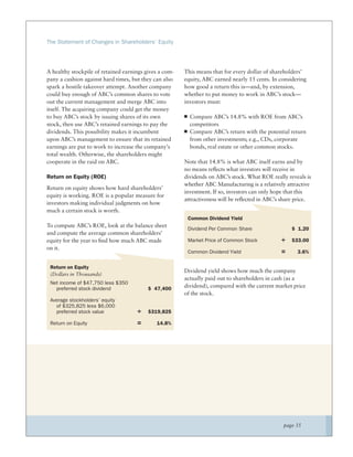 The Statement of Changes in Shareholders’ Equity




A healthy stockpile of retained earnings gives a com-   This means that for every dollar of shareholders’
pany a cushion against hard times, but they can also    equity, ABC earned nearly 15 cents. In considering
spark a hostile takeover attempt. Another company       how good a return this is—and, by extension,
could buy enough of ABC’s common shares to vote         whether to put money to work in ABC’s stock—
out the current management and merge ABC into           investors must:
itself. The acquiring company could get the money
to buy ABC’s stock by issuing shares of its own           Compare ABC’s 14.8% with ROE from ABC’s
stock, then use ABC’s retained earnings to pay the        competitors
dividends. This possibility makes it incumbent            Compare ABC’s return with the potential return
upon ABC’s management to ensure that its retained         from other investments; e.g., CDs, corporate
earnings are put to work to increase the company’s        bonds, real estate or other common stocks.
total wealth. Otherwise, the shareholders might
cooperate in the raid on ABC.                           Note that 14.8% is what ABC itself earns and by
                                                        no means reﬂects what investors will receive in
Return on Equity (ROE)                                  dividends on ABC’s stock. What ROE really reveals is
                                                        whether ABC Manufacturing is a relatively attractive
Return on equity shows how hard shareholders’
                                                        investment. If so, investors can only hope that this
equity is working. ROE is a popular measure for
                                                        attractiveness will be reﬂected in ABC’s share price.
investors making individual judgments on how
much a certain stock is worth.
                                                         Common Dividend Yield
To compute ABC’s ROE, look at the balance sheet
                                                         Dividend Per Common Share                  $ 1.20
and compute the average common shareholders’
equity for the year to ﬁnd how much ABC made             Market Price of Common Stock           ÷   $33.00
on it.
                                                         Common Dividend Yield                  =      3.6%

 Return on Equity
                                                        Dividend yield shows how much the company
 (Dollars in Thousands)
                                                        actually paid out to shareholders in cash (as a
 Net income of $47,750 less $350
   preferred stock dividend               $ 47,400
                                                        dividend), compared with the current market price
                                                        of the stock.
 Average stockholders’ equity
   of $325,825 less $6,000
   preferred stock value             ÷    $319,825

 Return on Equity                    =       14.8%




                                                                                                 page 35
 