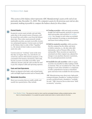 The Balance Sheet: Assets




    This section of the balance sheet represents ABC Manufacturing’s assets at the end of one
    particular day, December 31, 2004. The company’s assets for the previous year end are also
    presented, making it possible to compare the balance sheets for those dates.



    Current Assets                                                      Trading securities—debt and equity securities,
1
                                                                        bought and sold frequently, primarily to generate
    In general, current assets include cash and other
                                                                        short-term proﬁts, and carried at fair market
    assets that, in the normal course of business, will
                                                                        value. Any changes in such values are included
    be turned into cash within a year from the balance
                                                                        in the statement of earnings as unrealized gains
    sheet date. These other assets primarily include
                                                                        and losses from trading activities.
    marketable securities, accounts receivable, invento-
    ries and prepaid expenses. Current assets are listed
                                                                        Held-to-maturity securities—debt securities
    on the balance sheet in order of their “liquidity,”
                                                                        that the company has the ability and intent
    i.e., the amount of time it takes to convert these
                                                                        to hold to maturity, i.e., the date when debt
    assets into cash.
                                                                        instruments, such as Treasury bills, are due
                                                                        and payable. These securities are reported at
    Current assets are “working” assets in the sense
                                                                        amortized cost (their original cost, adjusted for
    that they are liquid—they can, and will, be con-
                                                                        changes in any purchase discount or premium,
    verted into cash for other business purposes, or be
                                                                        less any principal payments received).
    consumed in the business. Inventories, when sold,
    become accounts receivable; receivables, upon
                                                                        Available-for-sale securities—debt or equity
    collection, become cash; the cash can then be used
                                                                        securities not classiﬁed as either trading or held-
    to pay the company’s debt and operating expenses.
                                                                        to-maturity. They are recorded at fair value, with
                                                                        changes in such values included as a component
    Cash and Cash Equivalents
2                                                                       of other comprehensive income as unrealized
    Money on deposit in the bank, cash on hand (petty                   gains and losses from available-for-sale securities.
    cash) and highly liquid securities such as Treasury bills.
                                                                     ABC Manufacturing owns short-term, high-grade
    Marketable Securities                                            commercial paper, classiﬁed as “trading securities,”
3
                                                                     as well as preferred stock, classiﬁed as “available
    Short-term securities that are readily salable and
                                                                     for sale.” ABC, however, has no short-term “held-
    usually have quoted prices. May include:
                                                                     to-maturity” securities.




        Fair Market Value The amount at which an item could be exchanged between willing unrelated parties, other
             than in a forced liquidation. It is usually the quoted market price when a market exists for the item.




        page 6
 