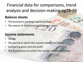 Financial data for comparisons, trend
    analysis and decision-making pg28-29
Balance sheets
• The business’s working capital position
• The extent of the business’s long term debts


Income statements
•   Trends
•   The period to which the income statement relates
•   Comparing gross and net profit
•   The Business(es) to which the income statement relates
 