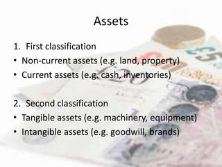 Assets
1. First classification
• Non-current assets (e.g. land, property)
• Current assets (e.g. cash, inventories)

2. Second classification
• Tangible assets (e.g. machinery, equipment)
• Intangible assets (e.g. goodwill, brands)
 