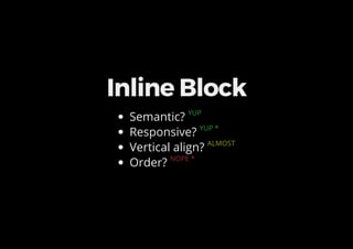 Inline Block
Semantic? YUP
Responsive? YUP *
Vertical align? ALMOST
Order? NOPE *
 