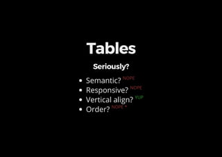 Tables
Seriously?
Semantic? NOPE
Responsive? NOPE
Vertical align? YUP
Order? NOPE *
 