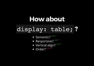 How about
display:table;?
Semantic? YUP *
Responsive? YUP *
Vertical align? YUP *
Order? NOPE *
 