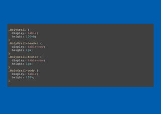 .HolyGrail {
display: table;
height: 100vh;
}
.HolyGrail-header {
display: table-row;
height: 1px;
}
.HolyGrail-footer {
display: table-row;
height: 1px;
}
.HolyGrail-body {
display: table;
height: 100%;
}
 