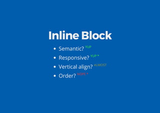 Inline Block
Semantic? YUP
Responsive? YUP *
Vertical align? ALMOST
Order? NOPE *
 