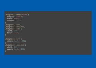 .HolyGrail-body:after {
display: table;
clear: both;
content: " ";
}
.HolyGrail-nav,
.HolyGrail-content,
.HolyGrail-ads {
width: 20%;
float: left;
}
.HolyGrail-nav {
margin-left: -80%;
}
.HolyGrail-content {
width: 60%;
margin-left: 20%;
}
 