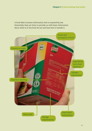 1515
Ingredients
list & food
additives
Food recall
information
Allergen
information
Storage
requirements
Country of origin
Date mark
A food label contains information that is required by law.
Essentially, they are there to provide us with basic information
about what is in the food we eat and how best to handle it.
Chapter 2 Understanding food labels
Name and
description of food
Nutrition labelling
 