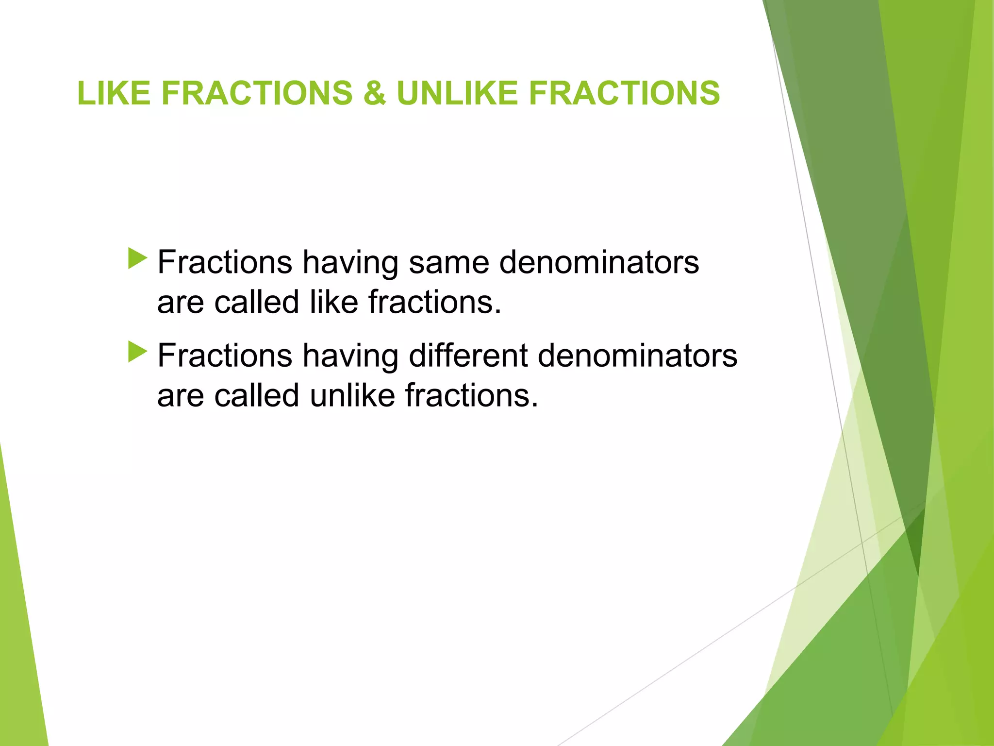 LIKE FRACTIONS & UNLIKE FRACTIONS
 Fractions having same denominators
are called like fractions.
 Fractions having different denominators
are called unlike fractions.
 