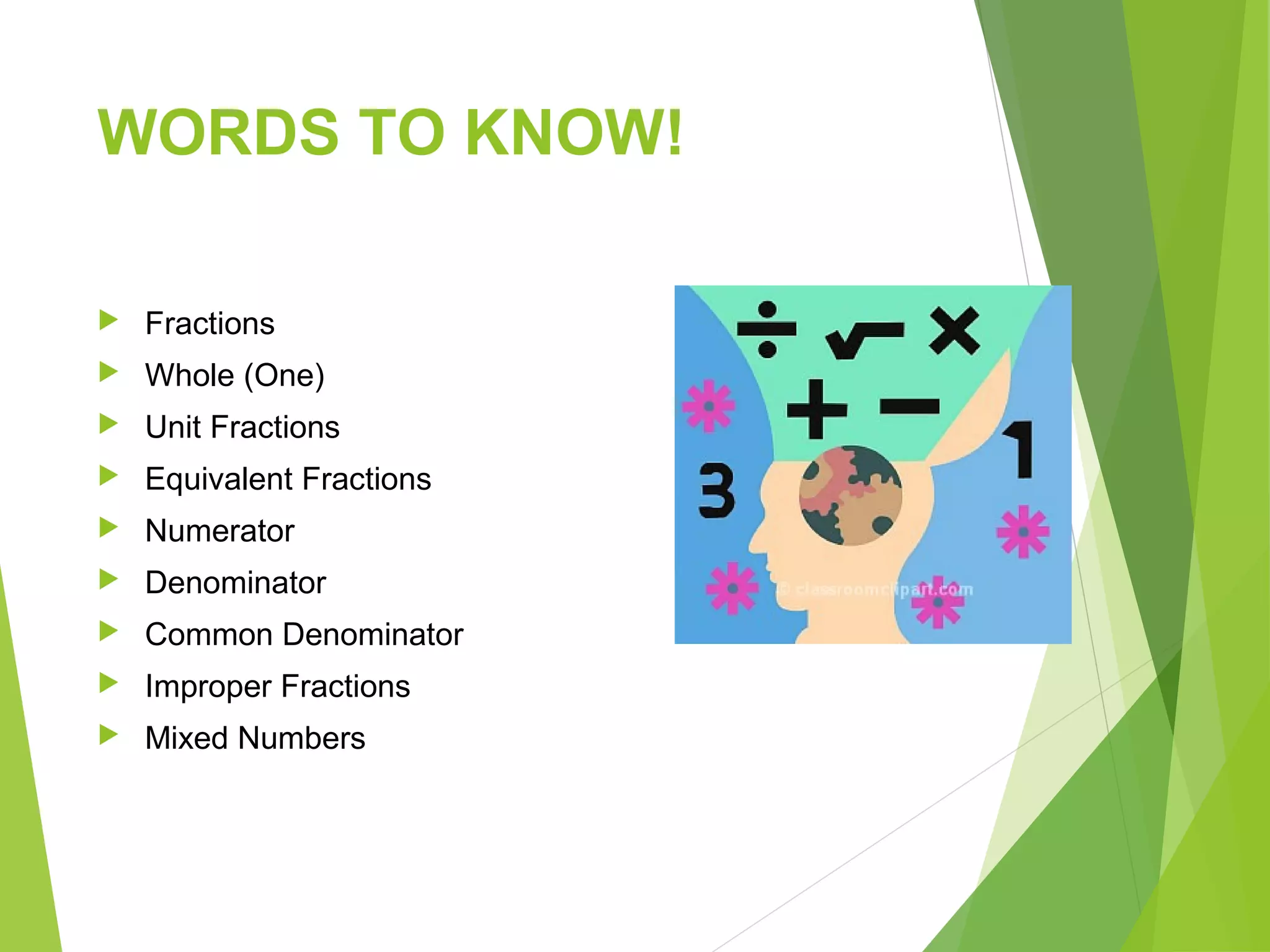 WORDS TO KNOW!
 Fractions
 Whole (One)
 Unit Fractions
 Equivalent Fractions
 Numerator
 Denominator
 Common Denominator
 Improper Fractions
 Mixed Numbers
 