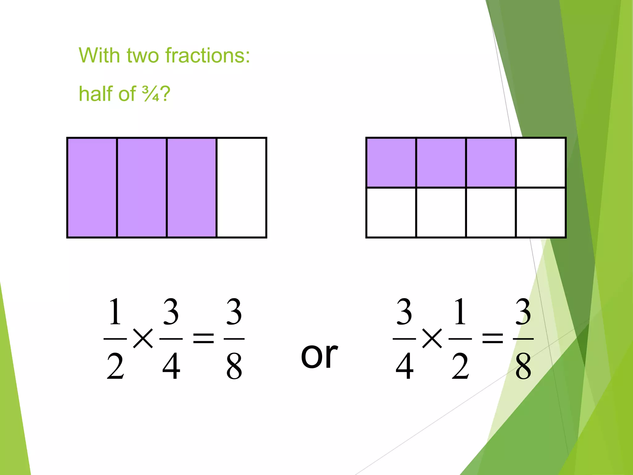 With two fractions:
half of ¾?
8
3
4
3
2
1
=×
8
3
2
1
4
3
=×or
 