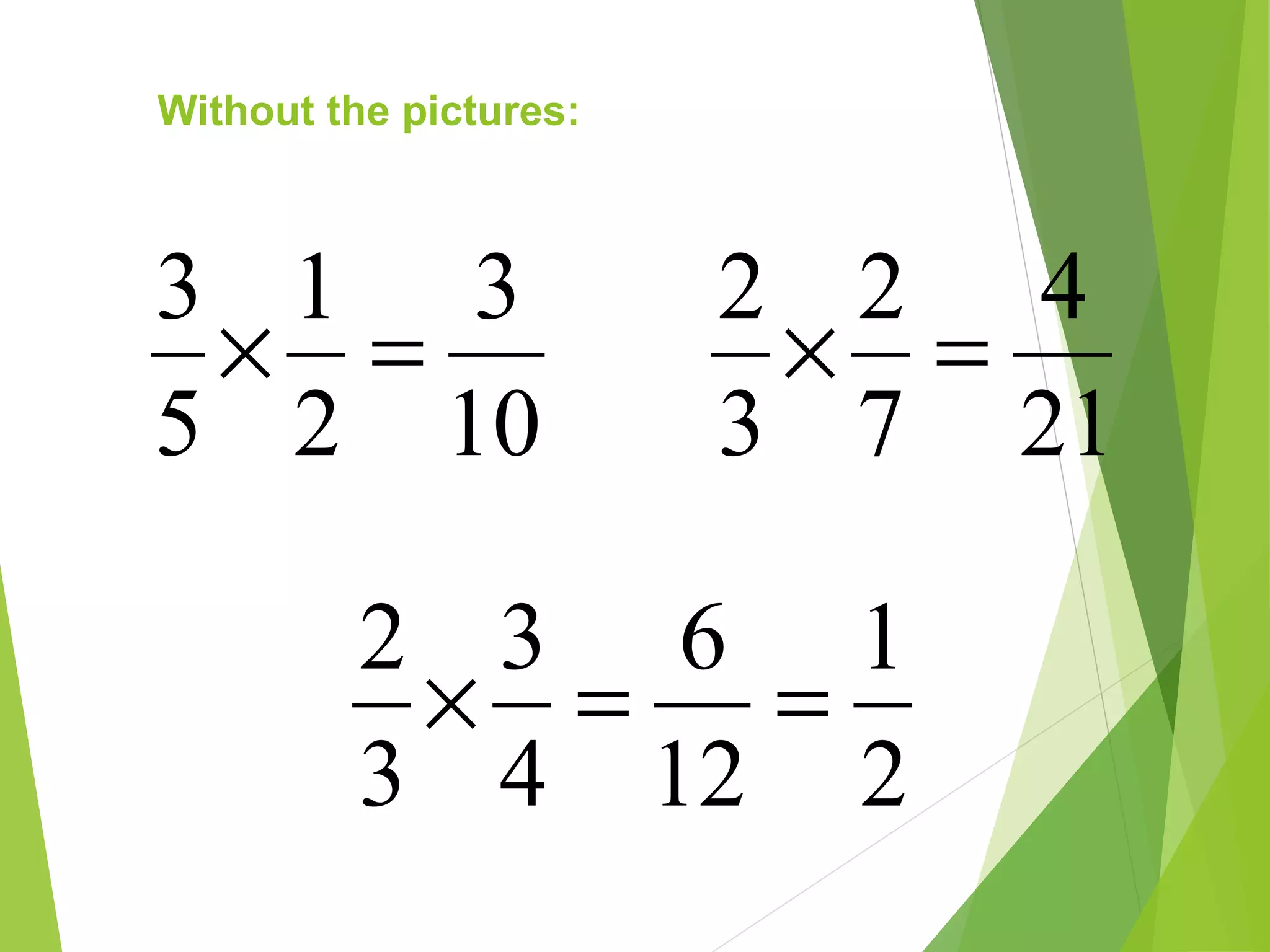 Without the pictures:
10
3
2
1
5
3
=×
21
4
7
2
3
2
=×
2
1
12
6
4
3
3
2
==×
 
