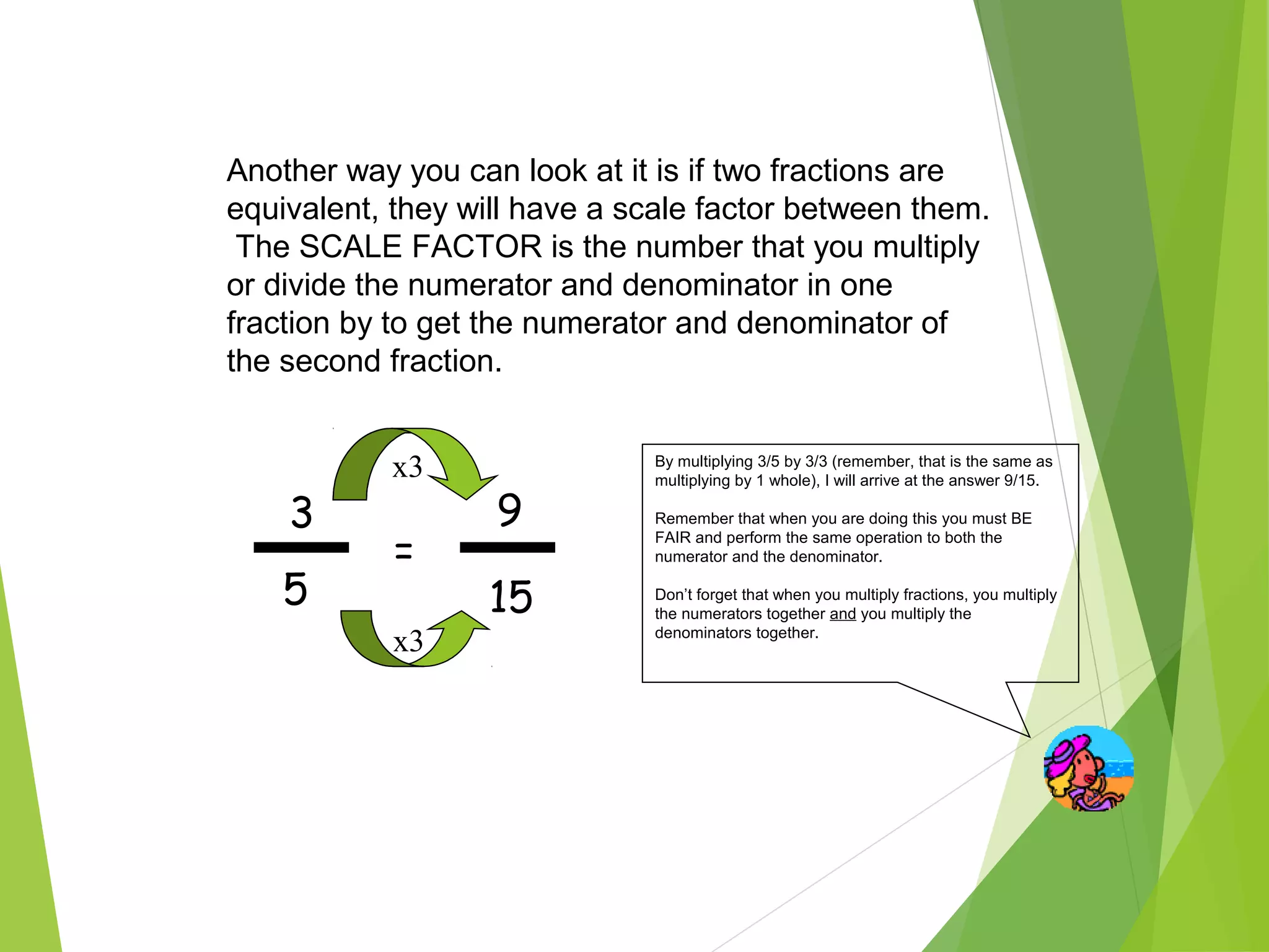 Another way you can look at it is if two fractions are
equivalent, they will have a scale factor between them.
The SCALE FACTOR is the number that you multiply
or divide the numerator and denominator in one
fraction by to get the numerator and denominator of
the second fraction.
3 9
5 15
=
x3
x3
By multiplying 3/5 by 3/3 (remember, that is the same as
multiplying by 1 whole), I will arrive at the answer 9/15.
Remember that when you are doing this you must BE
FAIR and perform the same operation to both the
numerator and the denominator.
Don’t forget that when you multiply fractions, you multiply
the numerators together and you multiply the
denominators together.
 
