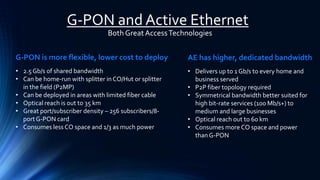 G-PON and Active Ethernet
Both GreatAccessTechnologies
G-PON is more flexible, lower cost to deploy AE has higher, dedicated bandwidth
• 2.5 Gb/s of shared bandwidth
• Can be home-run with splitter in CO/Hut or splitter
in the field (P2MP)
• Can be deployed in areas with limited fiber cable
• Optical reach is out to 35 km
• Great port/subscriber density – 256 subscribers/8-
portG-PON card
• Consumes less CO space and 1/3 as much power
• Delivers up to 1 Gb/s to every home and
business served
• P2P fiber topology required
• Symmetrical bandwidth better suited for
high bit-rate services (100 Mb/s+) to
medium and large businesses
• Optical reach out to 60 km
• Consumes more CO space and power
thanG-PON
 
