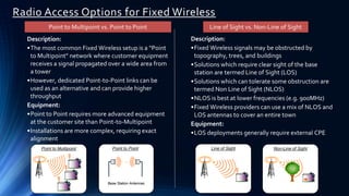 Point to Multipoint vs. Point to Point Line of Sight vs. Non-Line of Sight
Description:
•Fixed Wireless signals may be obstructed by
topography, trees, and buildings
•Solutions which require clear sight of the base
station are termed Line of Sight (LOS)
•Solutions which can tolerate some obstruction are
termed Non Line of Sight (NLOS)
•NLOS is best at lower frequencies (e.g. 900MHz)
•Fixed Wireless providers can use a mix of NLOS and
LOS antennas to cover an entire town
Equipment:
•LOS deployments generally require external CPE
Description:
•The most common Fixed Wireless setup is a “Point
to Multipoint” network where customer equipment
receives a signal propagated over a wide area from
a tower
•However, dedicated Point-to-Point links can be
used as an alternative and can provide higher
throughput
Equipment:
•Point to Point requires more advanced equipment
at the customer site than Point-to-Multipoint
•Installations are more complex, requiring exact
alignment
Point to Multipoint Point to Point
Base Station Antennas
Line of Sight Non-Line of Sight
Radio Access Options for Fixed Wireless
 