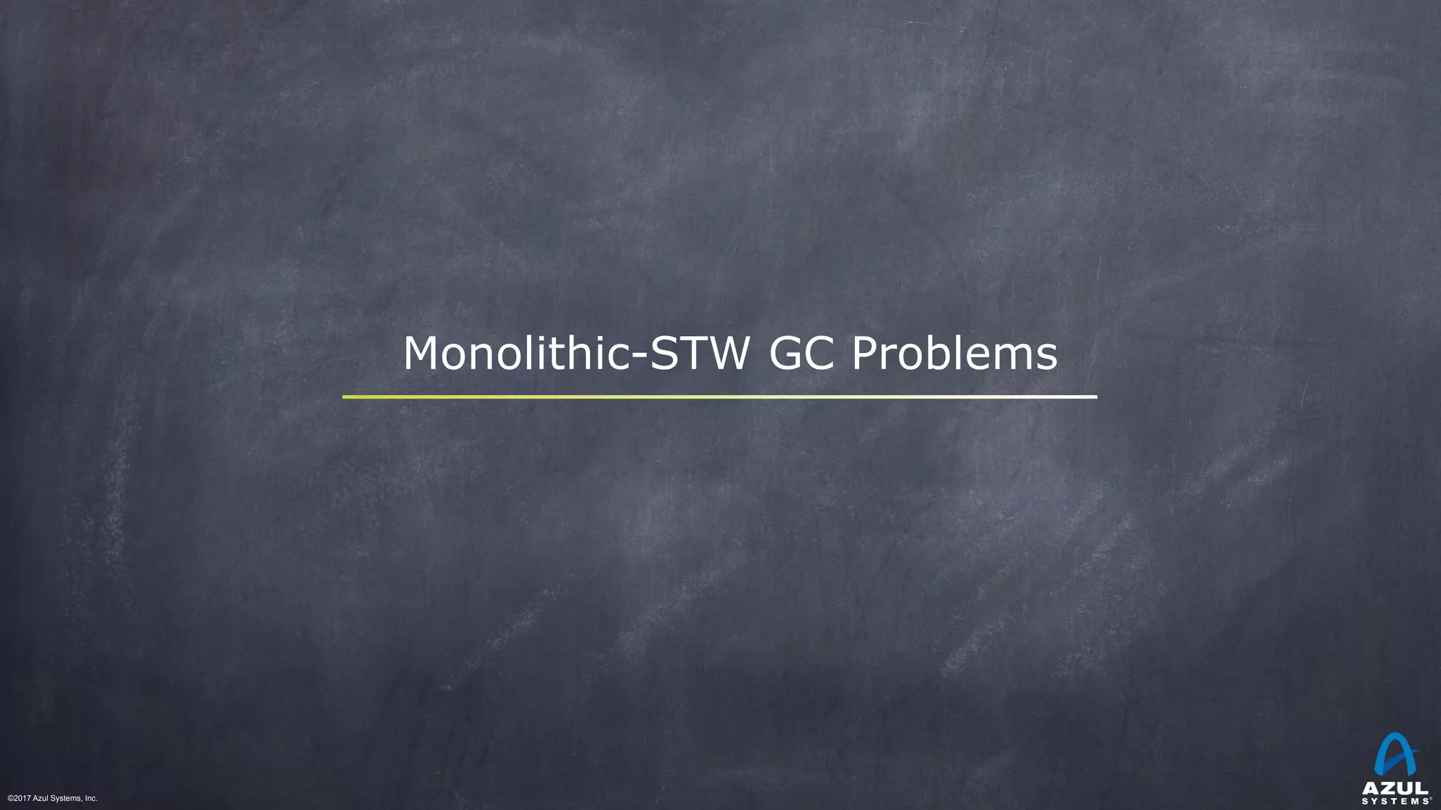 ©2017 Azul Systems, Inc.	 	 	 	 	 	
Monolithic-STW GC Problems
 