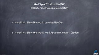 ©2017 Azul Systems, Inc.	 	 	 	 	 	
HotSpot™ ParallelGC 
Collector mechanism classiﬁcation
Monolithic Stop-the-world copying NewGen

Monolithic Stop-the-world Mark/Sweep/Compact OldGen
 