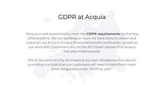 GDPR at Acquia
“Acquia is well positioned to meet the GDPR requirements by the May
2018 deadline. We are building on work ...
