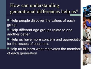 How can understanding
 generational differences help us?
 Help people discover the values of each
group
 Help different ...