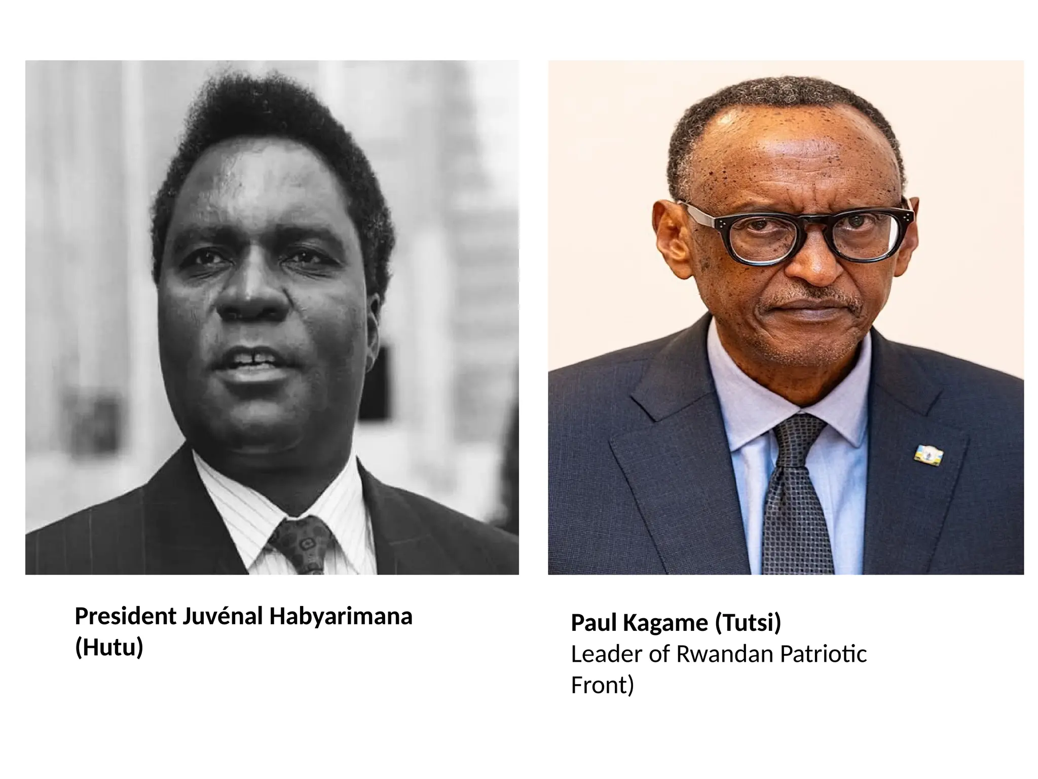 President Juvénal Habyarimana
(Hutu)
Paul Kagame (Tutsi)
Leader of Rwandan Patriotic
Front)
 