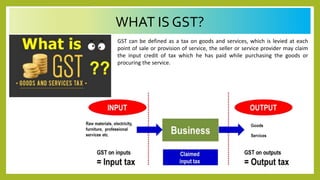 WHAT IS GST?
GST can be defined as a tax on goods and services, which is levied at each
point of sale or provision of service, the seller or service provider may claim
the input credit of tax which he has paid while purchasing the goods or
procuring the service.
 