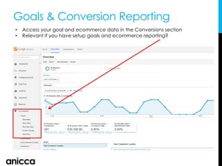 Goals & Conversion Reporting
• Access your goal and ecommerce data in the Conversions section
• Relevant if you have setup goals and ecommerce reporting?
 