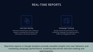 REAL-TIME REPORTS
Live User Activity
Real-time monitoring of users visiting your
website, including their locations, device
information, and actions performed.
Campaign Tracking
Quickly assess the performance of your
marketing campaigns by analyzing real-time
traffic and engagement metrics.
Real-time reports in Google Analytics provide valuable insights into user behavior and
marketing campaign performance, enabling data-driven decision-making and
optimizations.
 