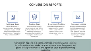 CONVERSION REPORTS
Setting up Goals
Define key actions or
conversions you want users to
complete on your website,
such as making a purchase,
subscribing to a newsletter, or
filling out a contact form.
Tracking Goals
Monitor and analyze the
performance of your defined
goals to understand how users
are interacting with your
website and which actions are
driving the most valuable
conversions.
E-commerce Tracking
Enable e-commerce tracking
to gain insights into your
online sales, including
revenue, transactions,
average order value, and
more.
Conversion Insights
Analyze conversion data to
identify opportunities for
optimization, understand
user behavior, and make
data-driven decisions to
improve your website's
performance.
Conversion Reports in Google Analytics provide valuable insights
into the actions users take on your website, enabling you to set
goals, track performance, and optimize your digital marketing
strategies.
 