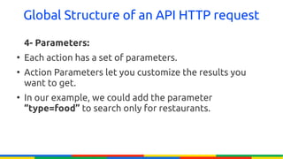 Global Structure of an API HTTP request

    4- Parameters:
●
    Each action has a set of parameters.
●
    Action Parameters let you customize the results you
    want to get.
●
    In our example, we could add the parameter
    “type=food” to search only for restaurants.
 
