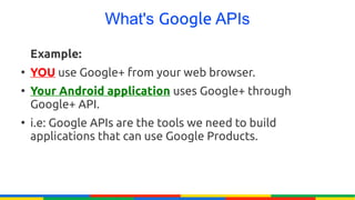 What's Google APIs

    Example:
●
    YOU use Google+ from your web browser.
●
    Your Android application uses Google+ through
    Google+ API.
●
    i.e: Google APIs are the tools we need to build
    applications that can use Google Products.
 