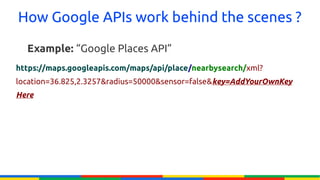 How Google APIs work behind the scenes ?

  Example: “Google Places API”
https://maps.googleapis.com/maps/api/place/nearbysearch/xml?
location=36.825,2.3257&radius=50000&sensor=false&key=AddYourOwnKey
Here
 