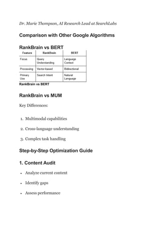 Dr. Marie Thompson, AI Research Lead at SearchLabs
Comparison with Other Google Algorithms
RankBrain vs BERT
RankBrain vs BERT
RankBrain vs MUM
Key Differences:
1. Multimodal capabilities
2. Cross-language understanding
3. Complex task handling
Step-by-Step Optimization Guide
1. Content Audit
 Analyze current content
 Identify gaps
 Assess performance
 