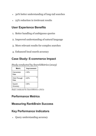  30% better understanding of long-tail searches
 25% reduction in irrelevant results
User Experience Benefits
1. Better handling of ambiguous queries
2. Improved understanding of natural language
3. More relevant results for complex searches
4. Enhanced local search accuracy
Case Study: E-commerce Impact
Study conducted by SearchMetrics (2023)
Study conducted by SearchMetrics (2023)
Performance Metrics
Measuring RankBrain Success
Key Performance Indicators
 Query understanding accuracy
 