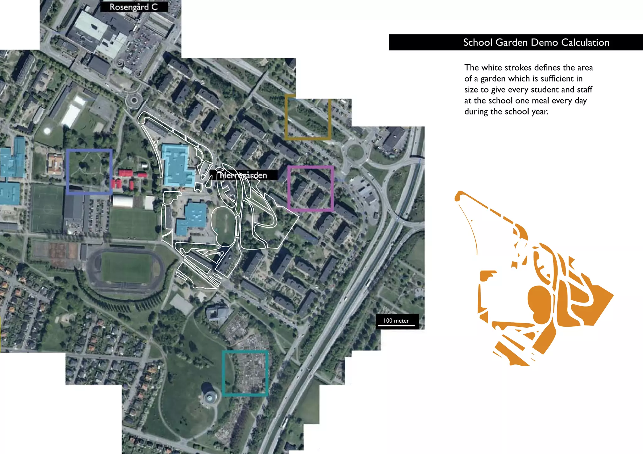 School Garden Demo Calculation

            The white strokes defines the area
            of a garden which is sufficient in
            size to give every student and staff
            at the school one meal every day
            during the school year.




100 meter
 