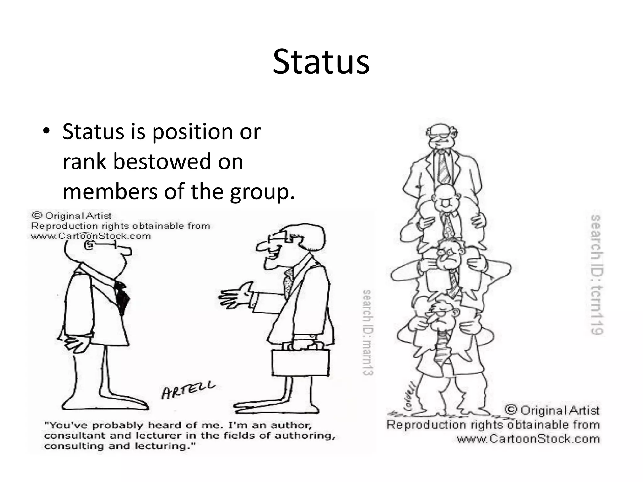 Status
• Status is position or
rank bestowed on
members of the group.
 