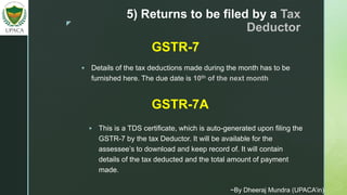 z
5) Returns to be filed by a Tax
Deductor
 Details of the tax deductions made during the month has to be
furnished here. The due date is 10th of the next month
GSTR-7
GSTR-7A
 This is a TDS certificate, which is auto-generated upon filing the
GSTR-7 by the tax Deductor. It will be available for the
assessee’s to download and keep record of. It will contain
details of the tax deducted and the total amount of payment
made.
~By Dheeraj Mundra (UPACA’in)
 