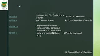 z
GSTR 10
Registration has been
surrendered or cancelled
GSTR 11
assessee is a Government
body or a United Nations
Body
28th of the next month
GSTR 8
Statement for Tax Collection at
Source
10th of the next month.
GSTR 9 GST Annual Return By 31st December of next FY
~By Dheeraj Mundra (UPACA’in)
 