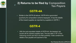 z
2) Returns to be filed by Composition
Tax Payers
 Similar to the GSTR-2A above, GSTR-4A is generated
quarterly for composition scheme taxpayers. It has the details
of the inward supplies as reported by suppliers in GSTR-1.
GSTR-4A
GSTR-4
 With the auto-populated details of GSTR-4A, the taxpayer can
furnish all his outward supplies here. The due date is 18th of the
following month and has to be filed quarterly. It also contains the
details of tax payable and payment of tax
~By Dheeraj Mundra (UPACA’in)
 