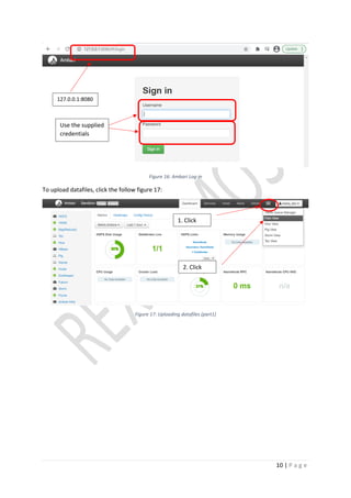 10 | P a g e
Figure 16: Ambari Log-in
To upload datafiles, click the follow figure 17:
Figure 17: Uploading datafiles (part1)
127.0.0.1:8080
Use the supplied
credentials
1. Click
2. Click
 
