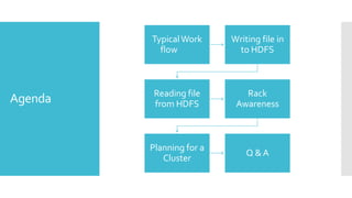 Typical Work     Writing file in
           flow            to HDFS



          Reading file       Rack
Agenda    from HDFS        Awareness



         Planning for a
                              Q&A
            Cluster
 