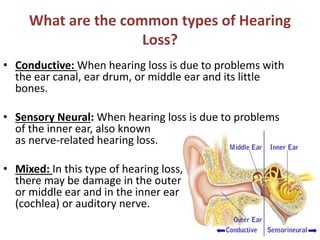 What are the common types of Hearing
Loss?
• Conductive: When hearing loss is due to problems with
the ear canal, ear drum, or middle ear and its little
bones.
• Sensory Neural: When hearing loss is due to problems
of the inner ear, also known
as nerve-related hearing loss.
• Mixed: In this type of hearing loss,
there may be damage in the outer
or middle ear and in the inner ear
(cochlea) or auditory nerve.
 