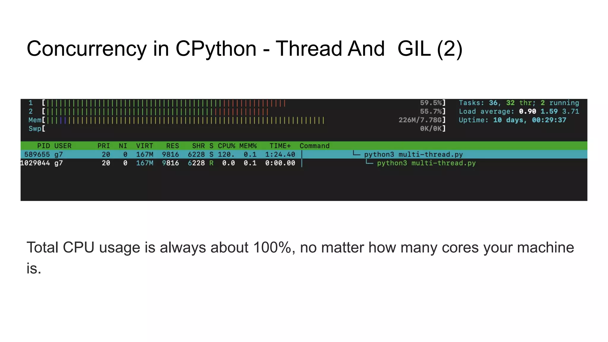 Concurrency in CPython - Thread And GIL (2)
Total CPU usage is always about 100%, no matter how many cores your machine
is.
 