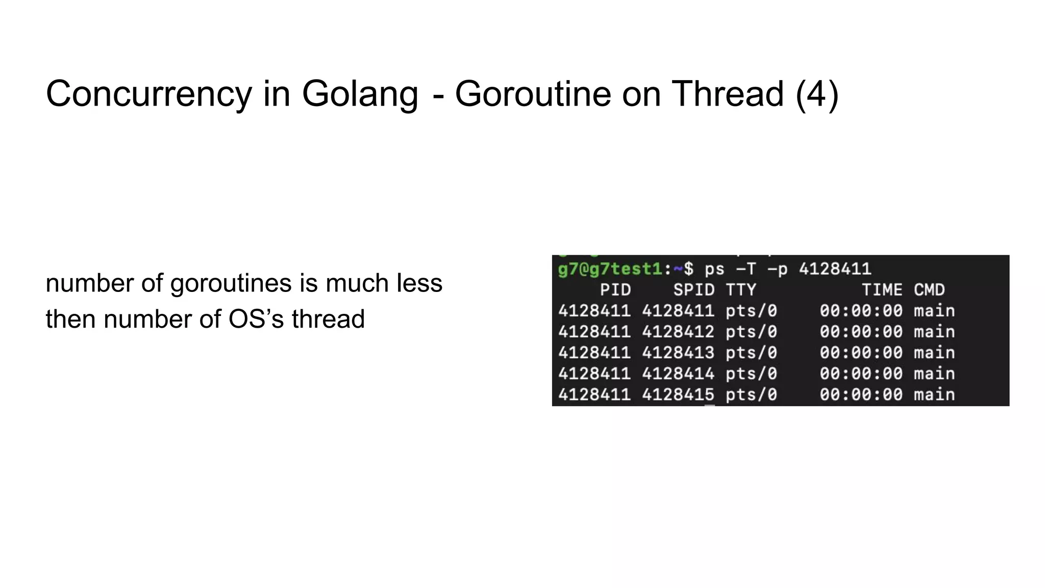 Concurrency in Golang - Goroutine on Thread (4)
number of goroutines is much less
then number of OS’s thread
 
