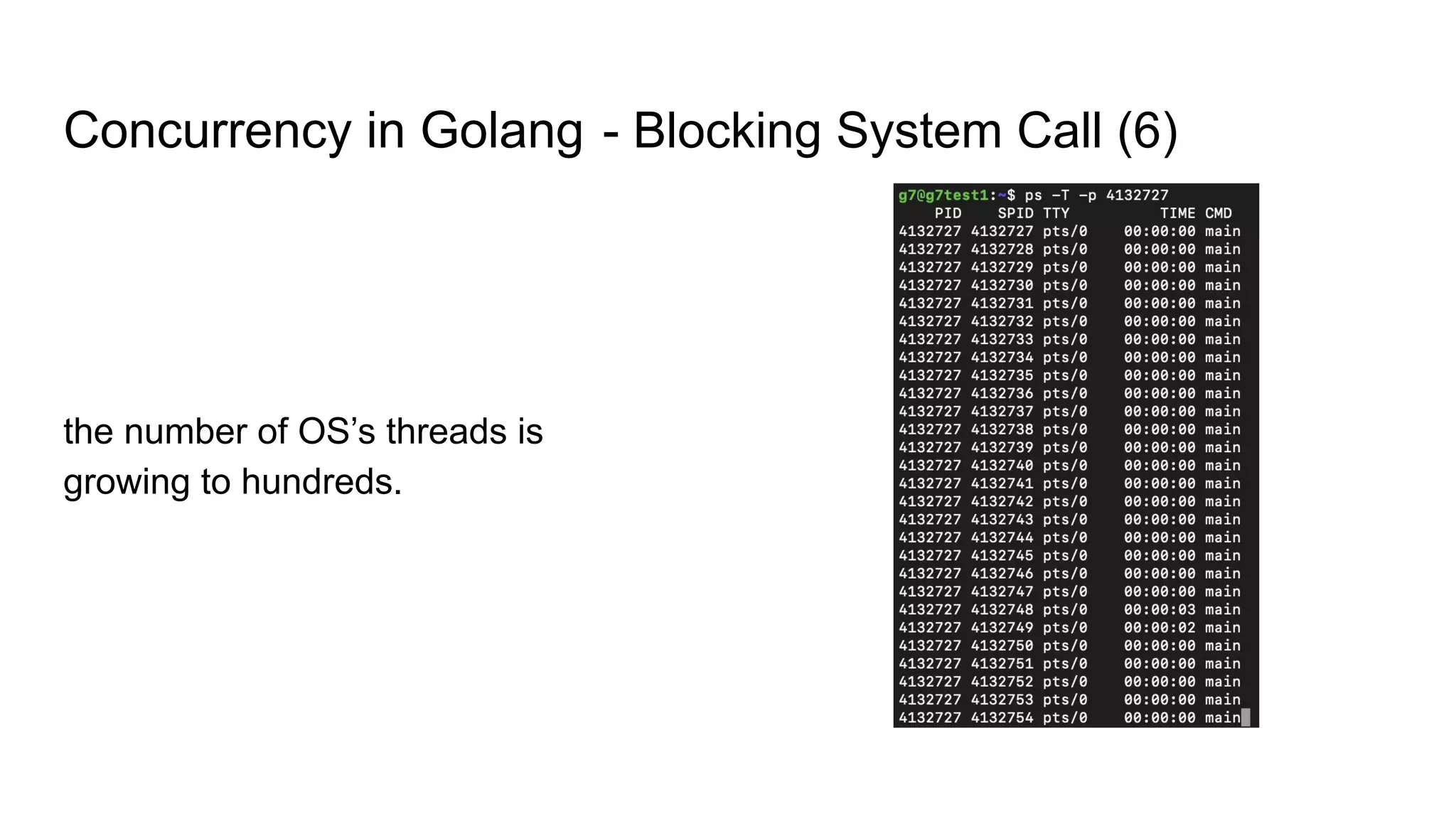 Concurrency in Golang - Blocking System Call (6)
the number of OS’s threads is
growing to hundreds.
 