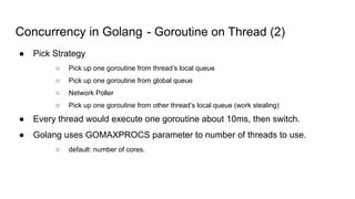 Concurrency in Golang - Goroutine on Thread (2)
● Pick Strategy
○ Pick up one goroutine from thread’s local queue
○ Pick up one goroutine from global queue
○ Network Poller
○ Pick up one goroutine from other thread’s local queue (work stealing)
● Every thread would execute one goroutine about 10ms, then switch.
● Golang uses GOMAXPROCS parameter to number of threads to use.
○ default: number of cores.
 