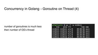 Concurrency in Golang - Goroutine on Thread (4)
number of goroutines is much less
then number of OS’s thread
 