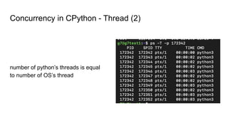 Concurrency in CPython - Thread (2)
number of python’s threads is equal
to number of OS’s thread
 
