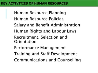Human Resource Planning
Human Resource Policies
Salary and Benefit Administration
Human Rights and Labour Laws
Recruitment, Selection and
Orientation
Performance Management
Training and Staff Development
Communications and Counselling
KEY ACTIVITIES OF HUMAN RESOURCES
 